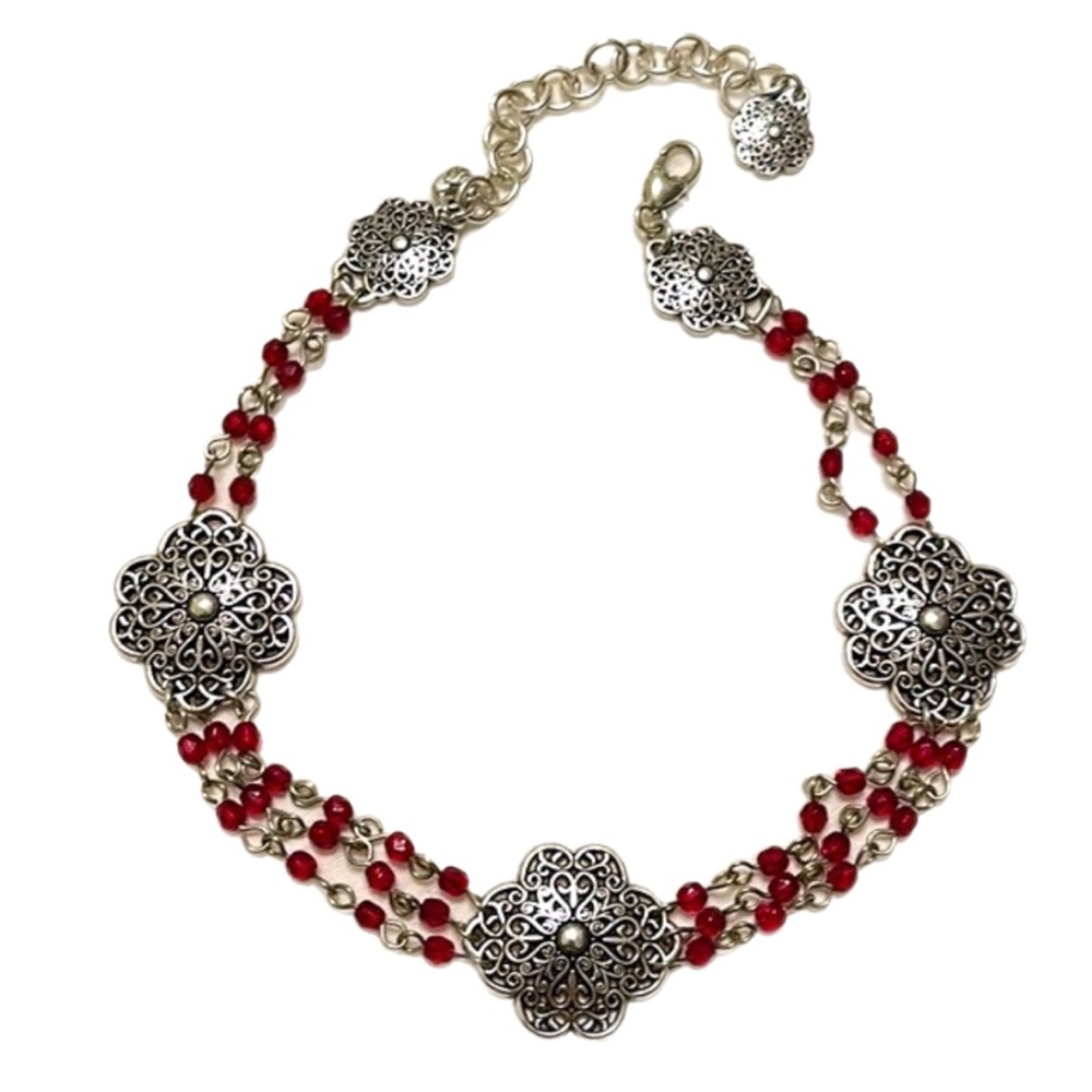 BRIGHTON Queen Anne Lace Silver Tone and Red Beads Necklace